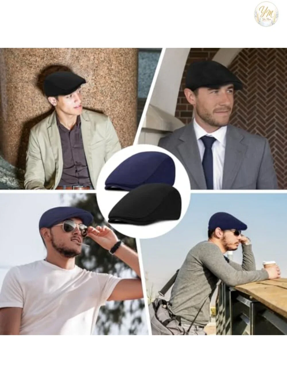 2 Pack Newsboy Cap for Men, Classic Herringbone Flat Cap with Adjustable Fit